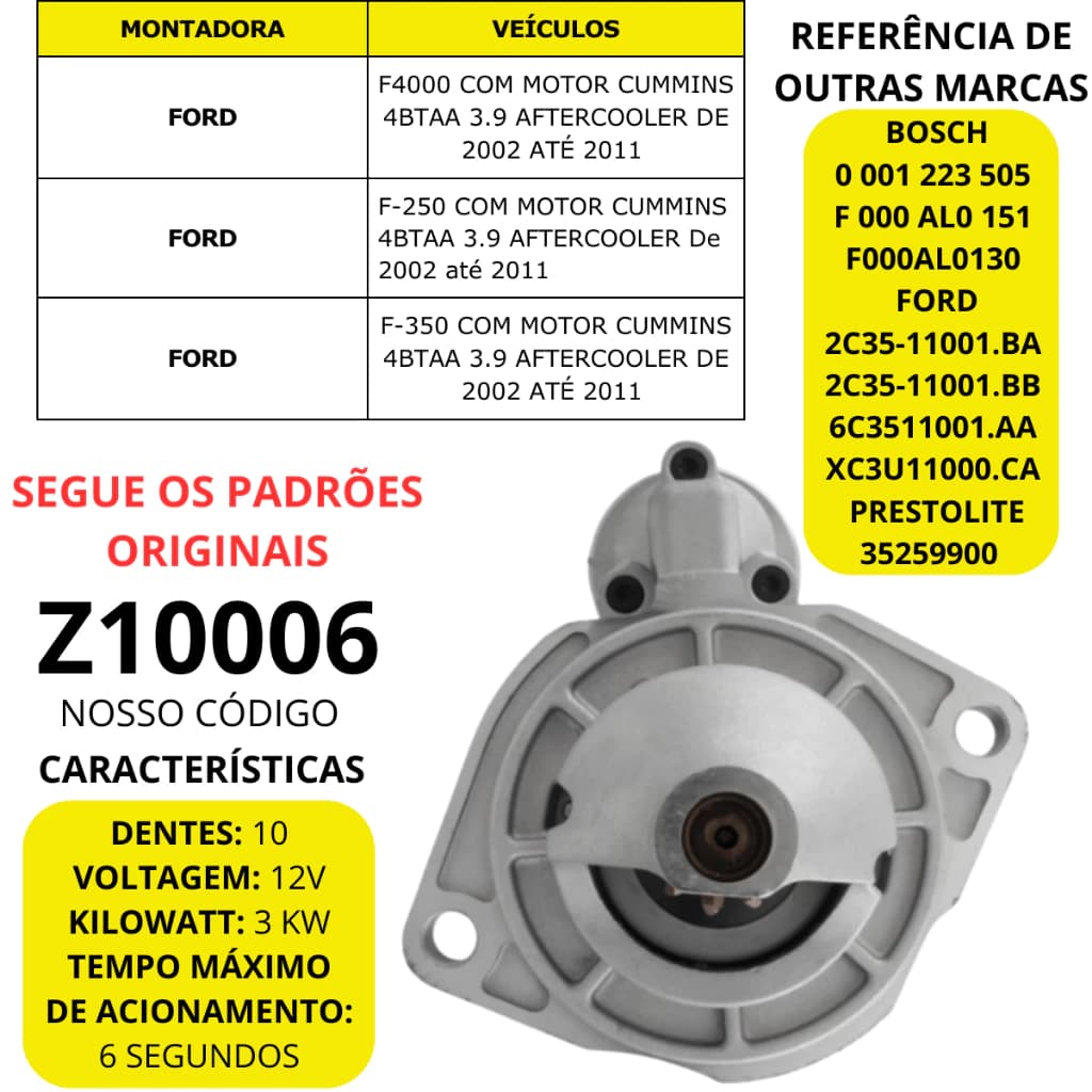 Motor de Partida Arranque Para Ford F250 F350 F4000 Motor Cummins 3.9 2002 Até 2011