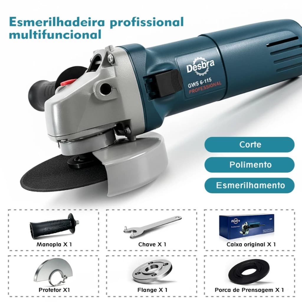 Esmerilhadeira Angular Profissional 110V/220V 800W 11000rpm Leve e Durável para Corte e Polimento