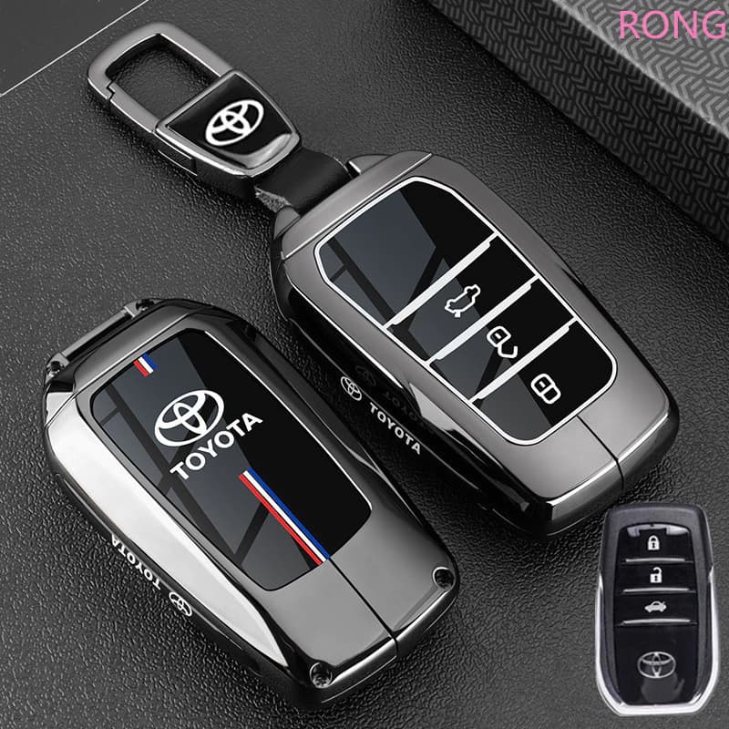 Capa da Chave do Carro em Couro de Fibra De Carbono + Liga de Zinco para Toyota Hilux Camry Corolla RAV4 Highland